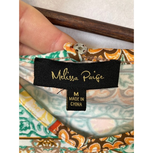 Melissa Paige Womens Mosaic Geometric Tile Print V-Neck 3/4 Sleeve Top Orange M - Picture 3 of 9